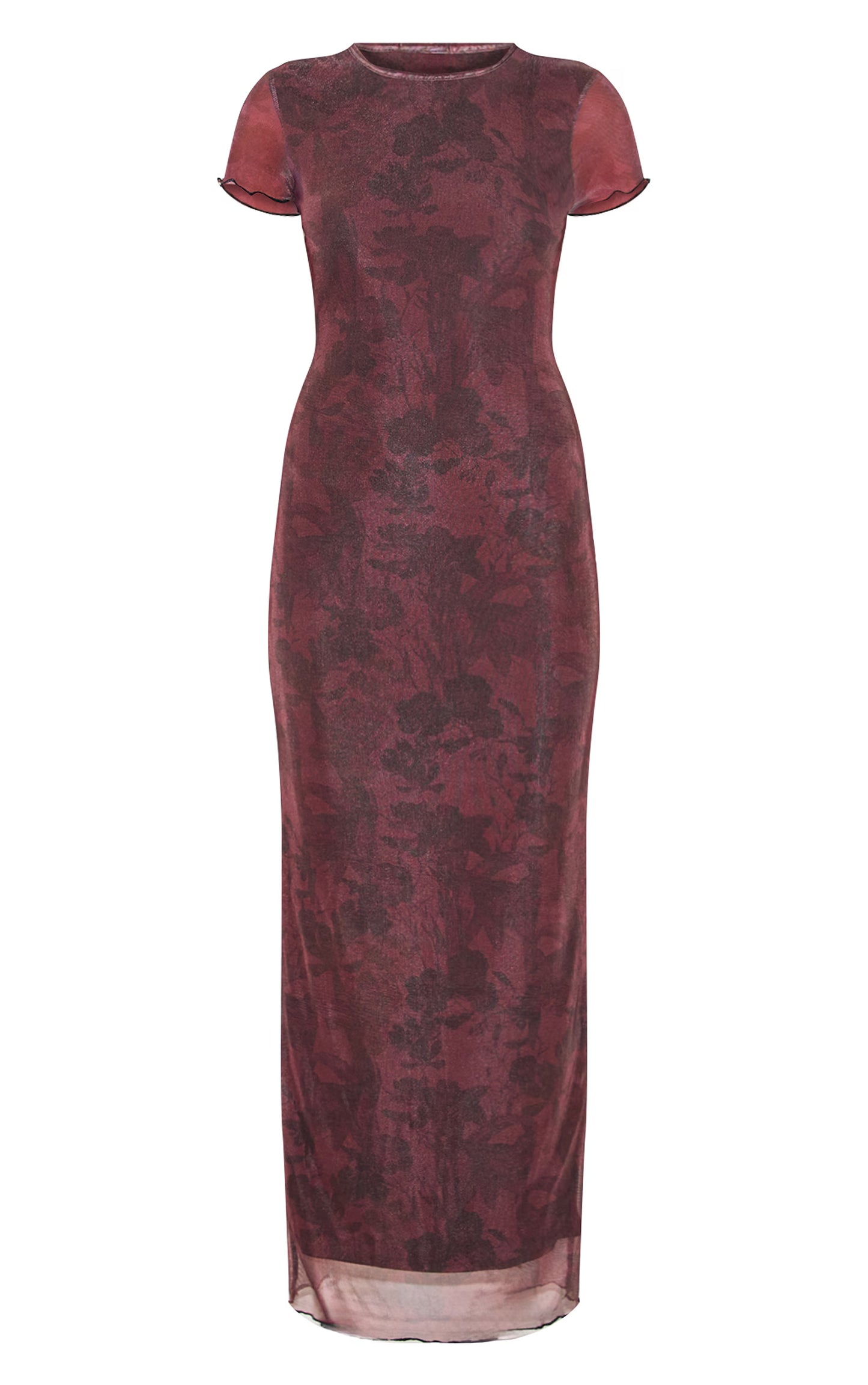 Burgundy Floral Print Mesh Short Sleeve Maxi Dress