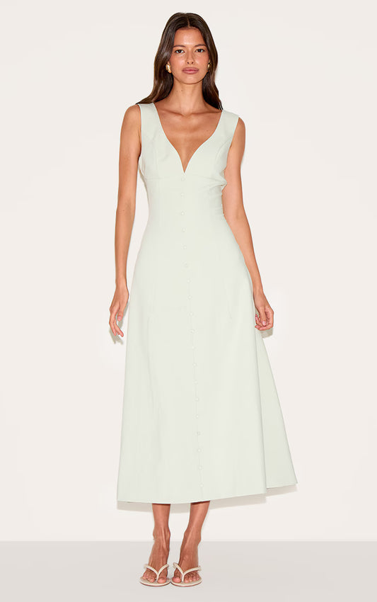 Sage Green Tailored Woven Plunge Button Down Midi Dress