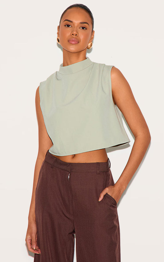 Sage Woven Pleated Boxy Top