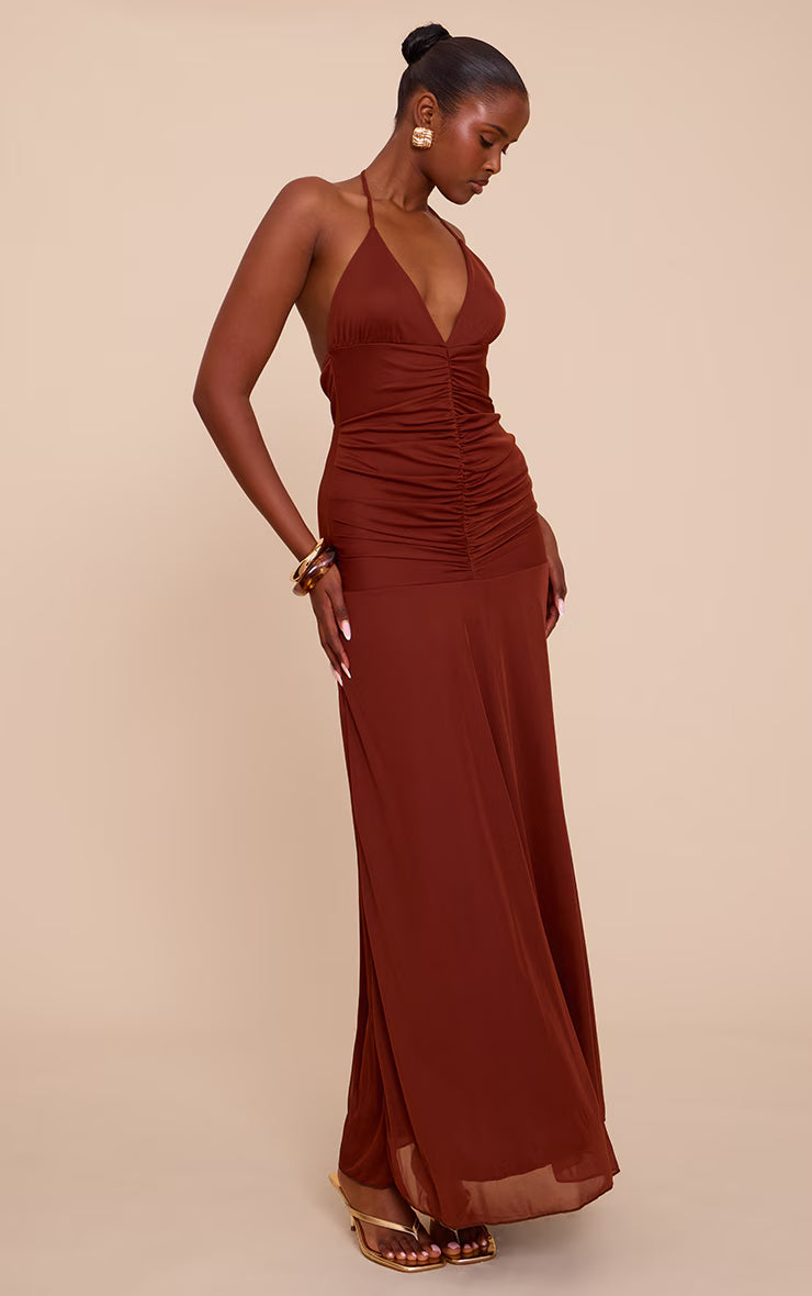 Chocolate Ruched Detail Strappy Maxi Dress