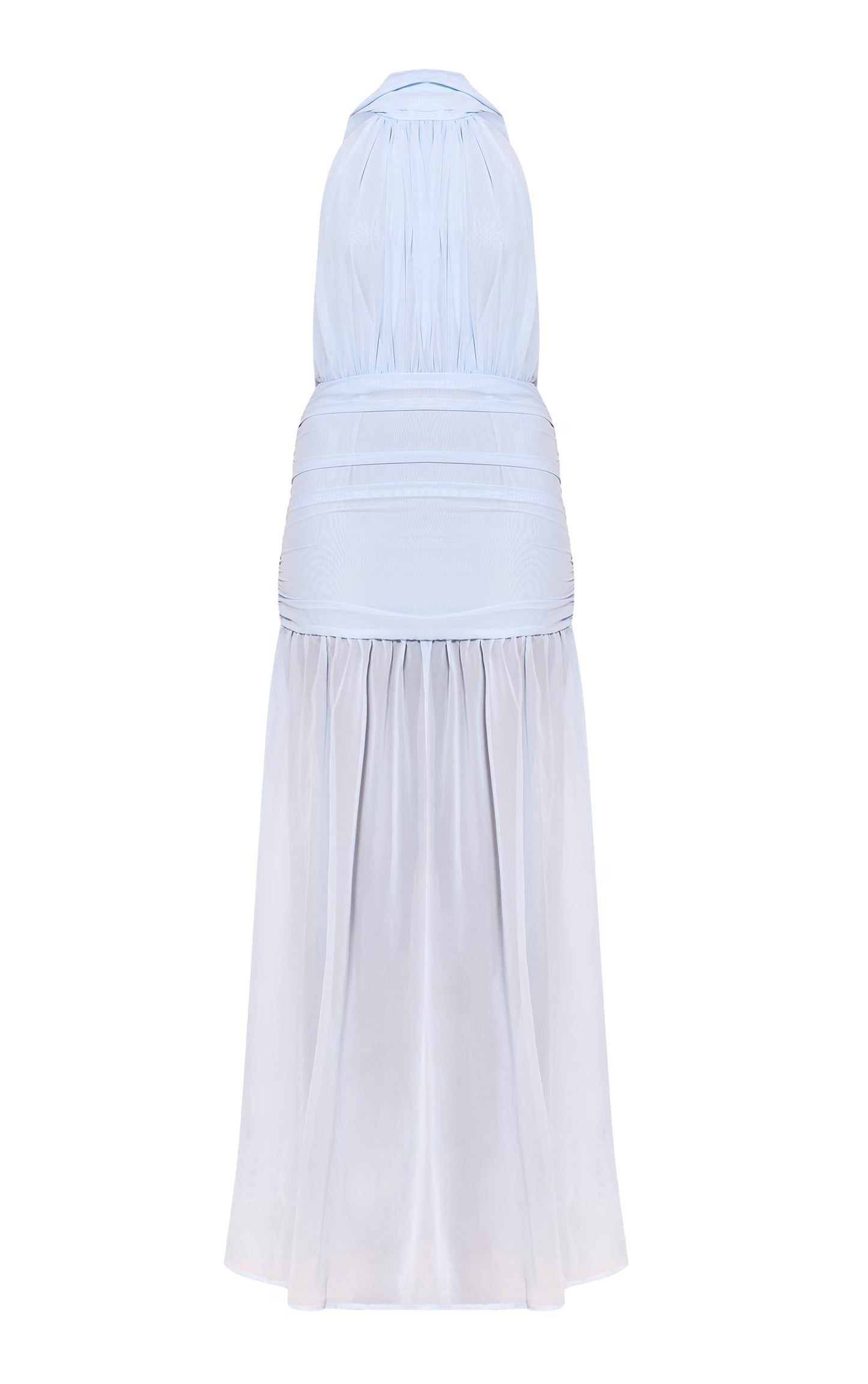 Light Blue High Neck Scarf Detail Ruched Maxi Dress