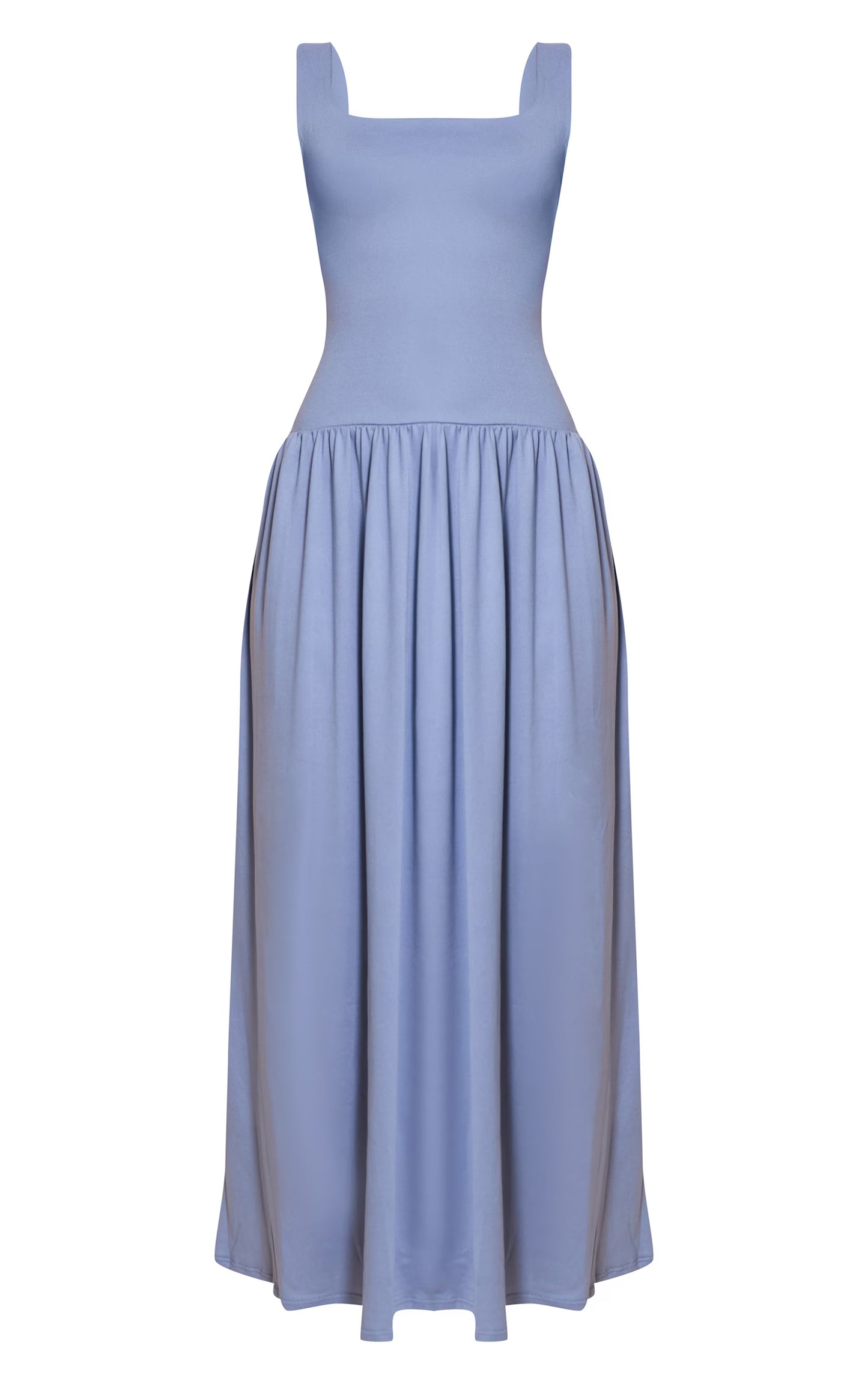 Blue Double Contour Scoop Neck Drop Waist Maxi Dress