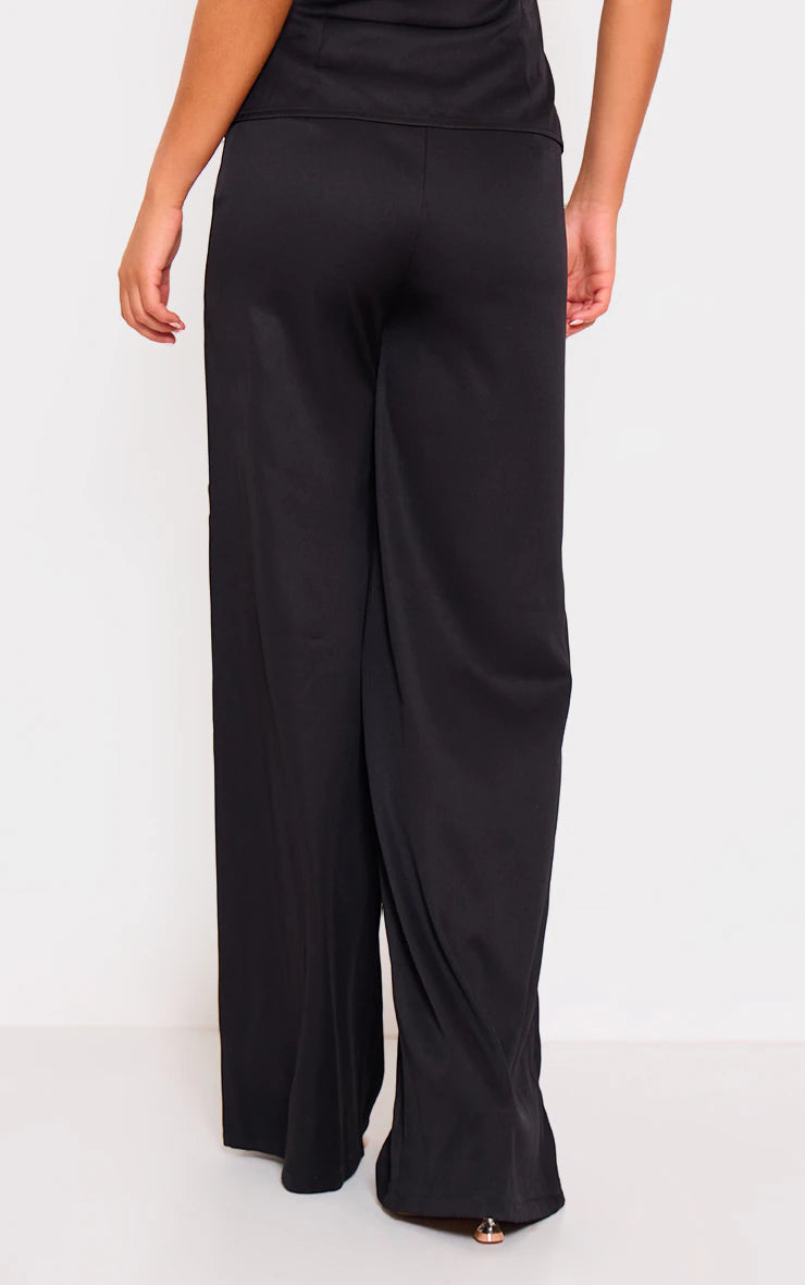 Black Woven Tailored Belt Detail Wide Leg Pants