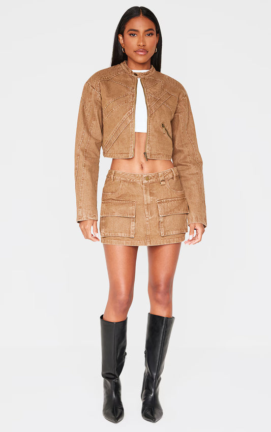 Brown Cargo Pocket Detail Denim Mini Skirt