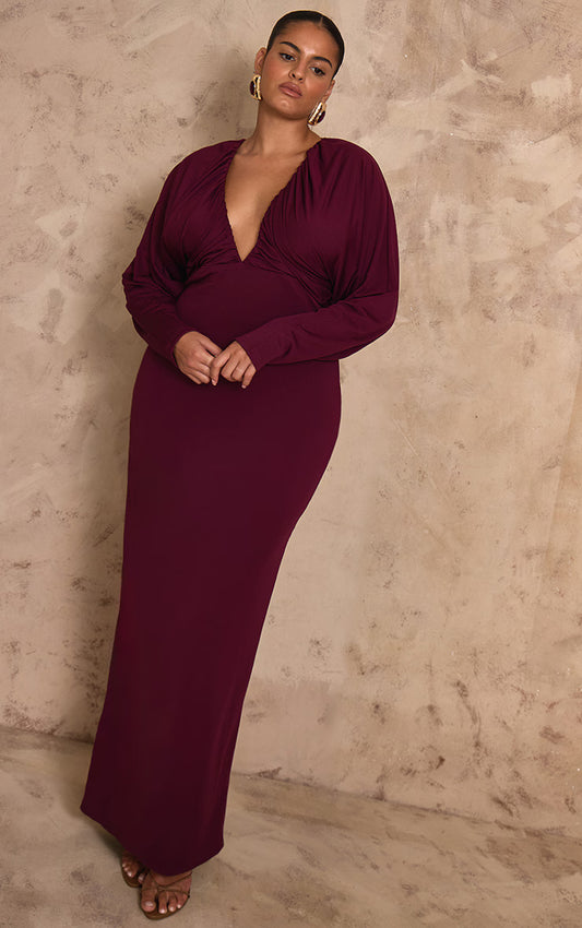 PLT Label Plus Mulberry Slinky Ruched Plunge Batwing Maxi Dress
