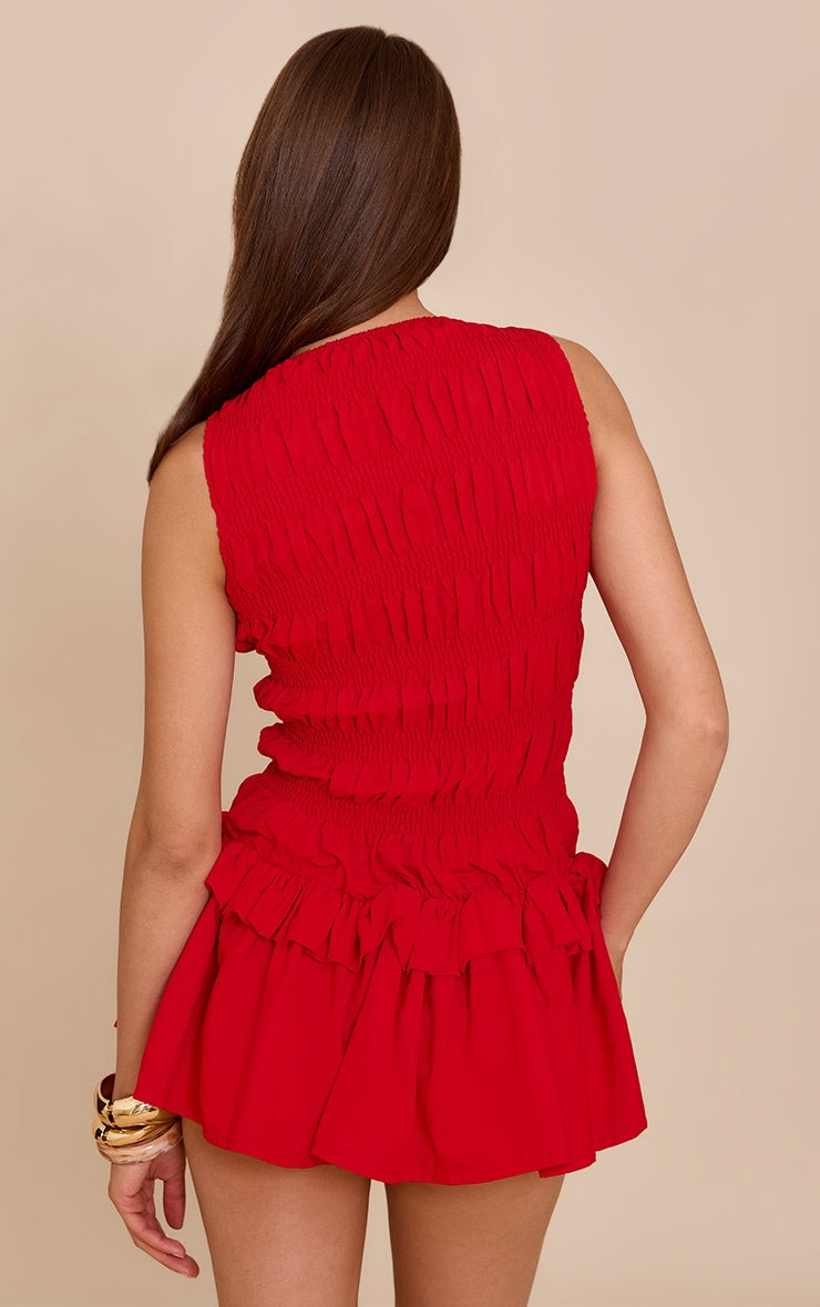 Red Tailored Shirred Frill Shift Dress