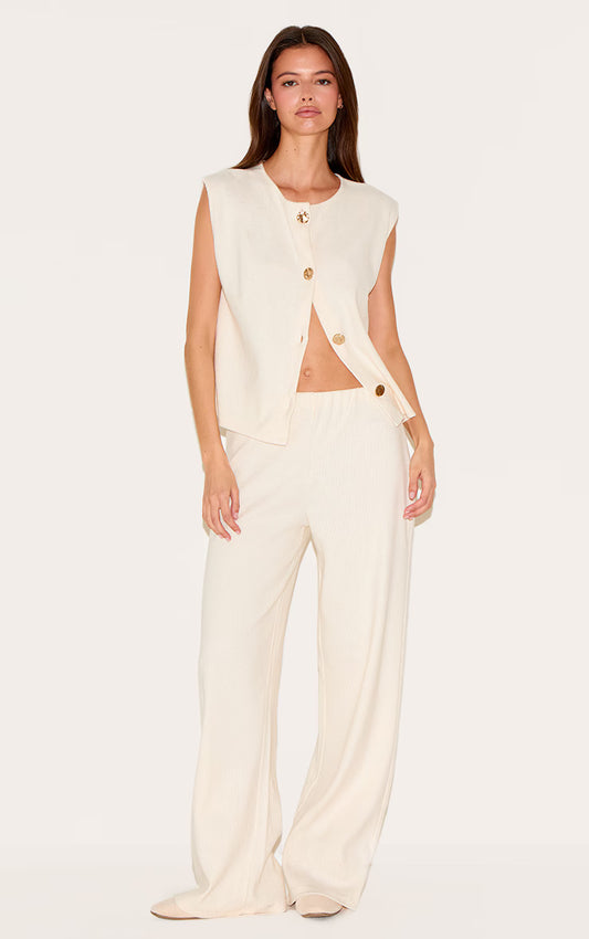 Cream Brushed Rib Low Rise Straight Pants