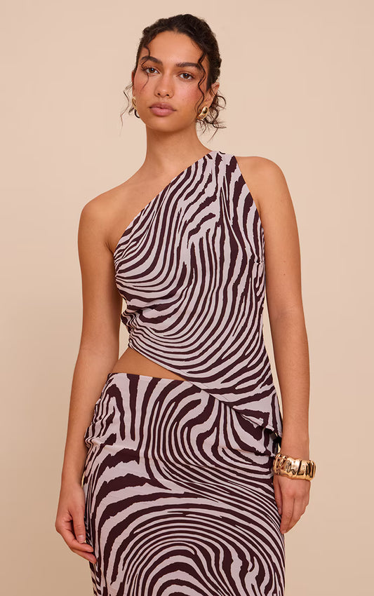 Brown Zebra Print Chiffon Asymmetric Top