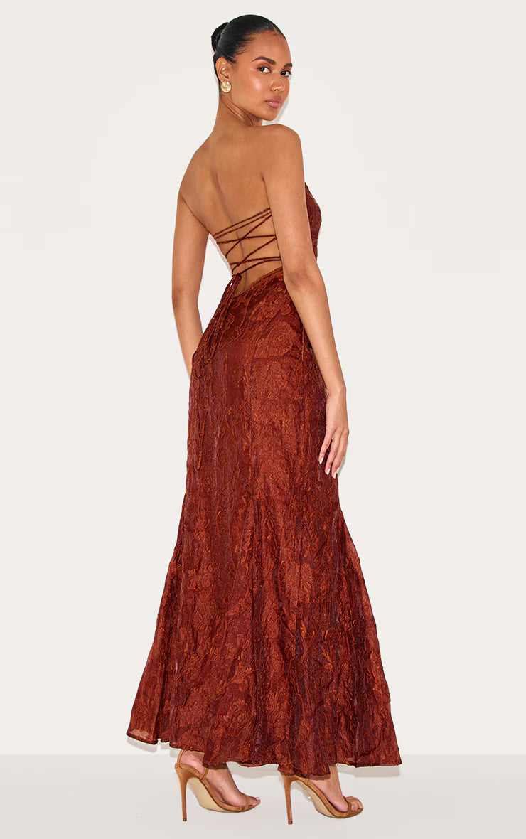 Chestnut Textured Lace Up Back Maxi Dress