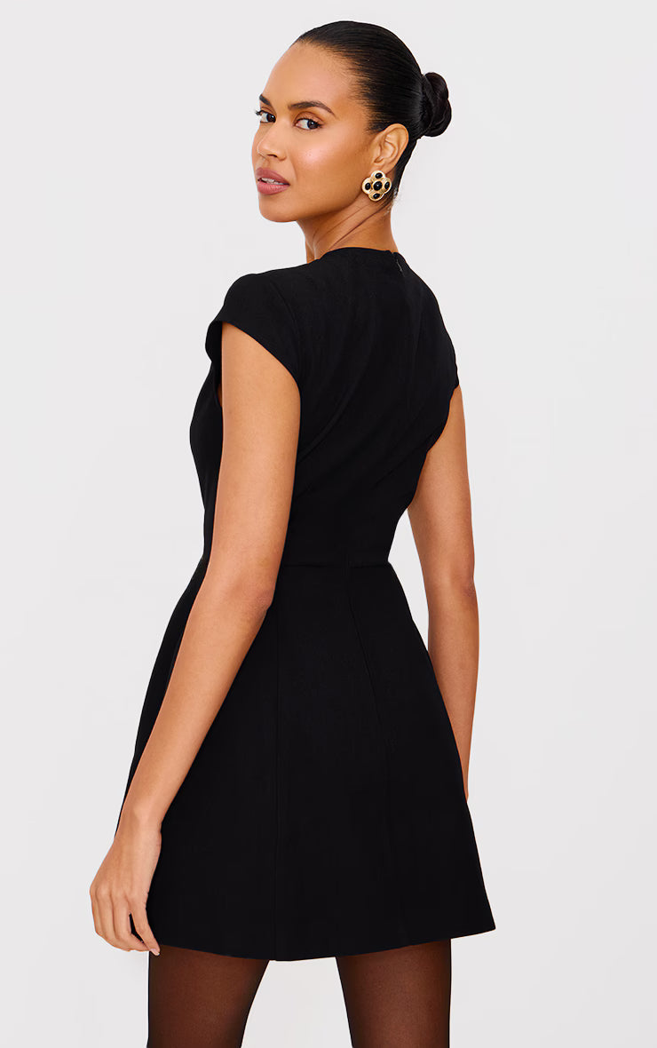 Black Cap Sleeve Mini Curved Shift Dress
