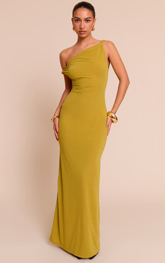 Olive Double Layered Chiffon Asymmetric Maxi Dress