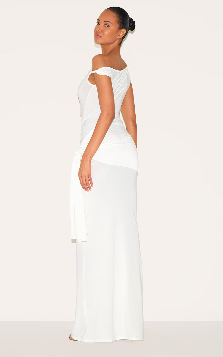 Cream Slinky Off Shoulder Wrap Detail Maxi Dress