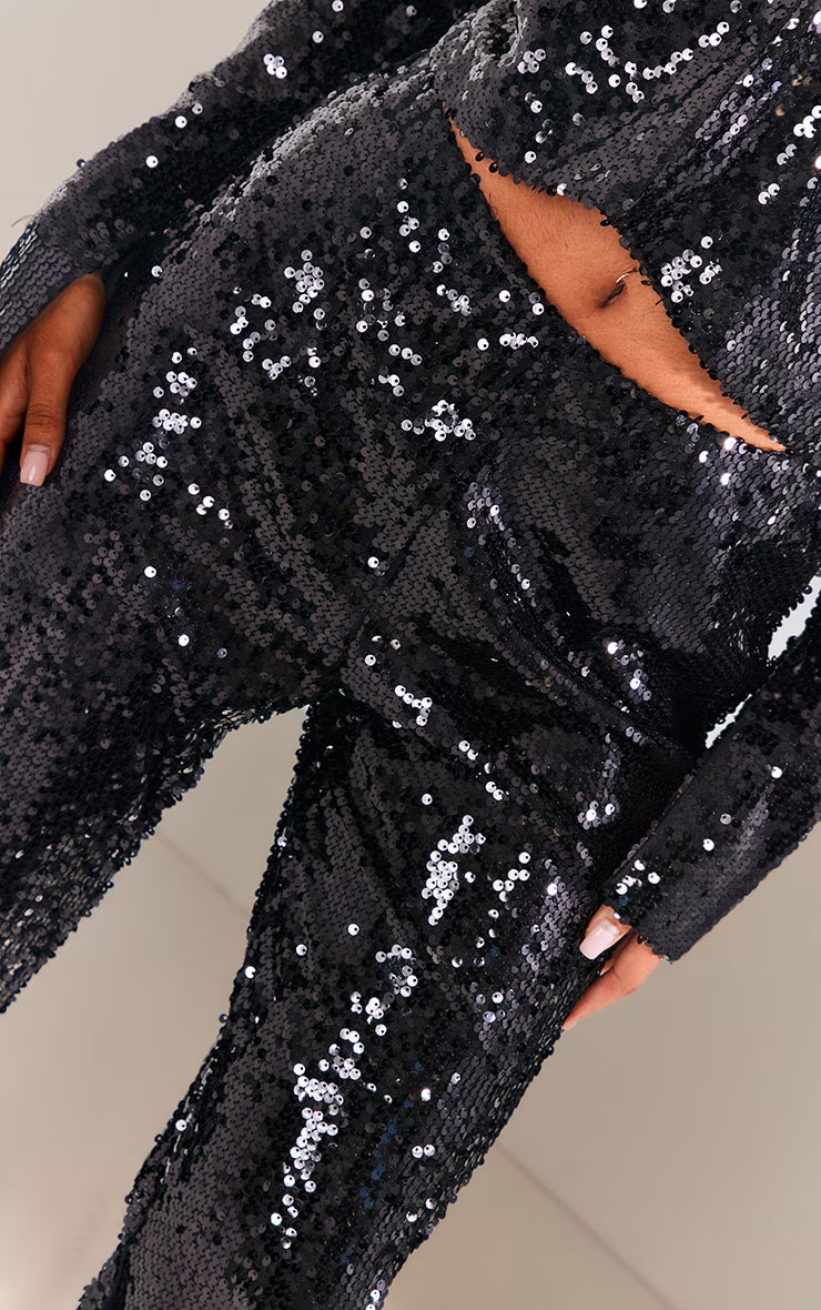Black Sequin Low Rise Flared Pants