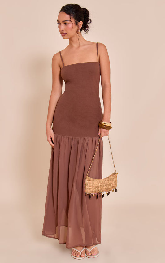 Chocolate Linen Look Strappy Dropped Waist Maxi Dress