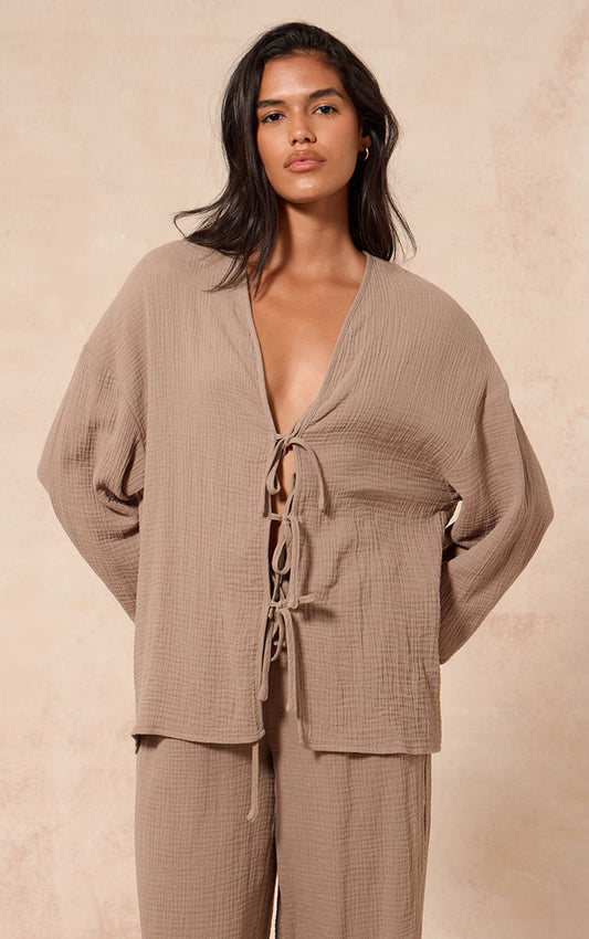 Clay Textured Cheesecloth Tie Front Shirt