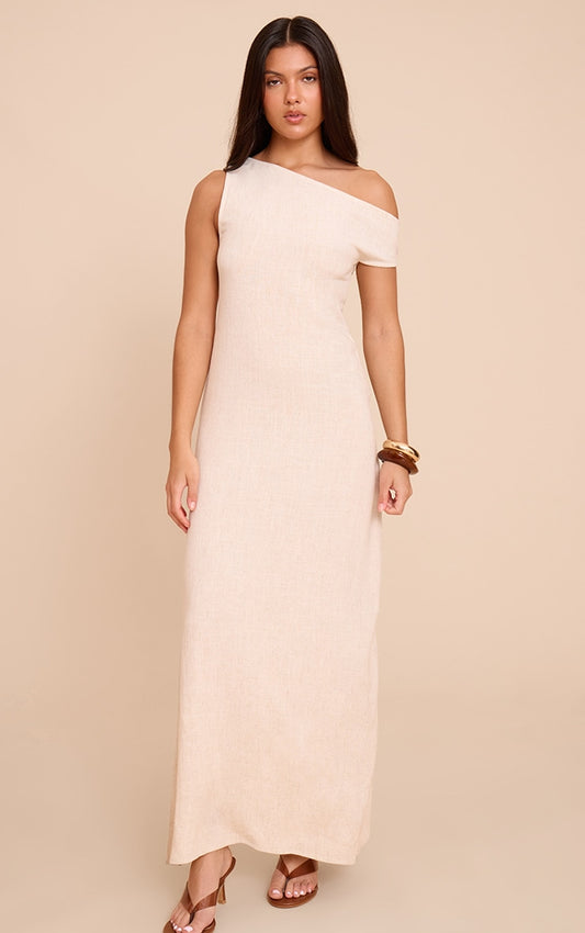 Natural Textured Woven Asymmetric One Shoulder Maxi Dress