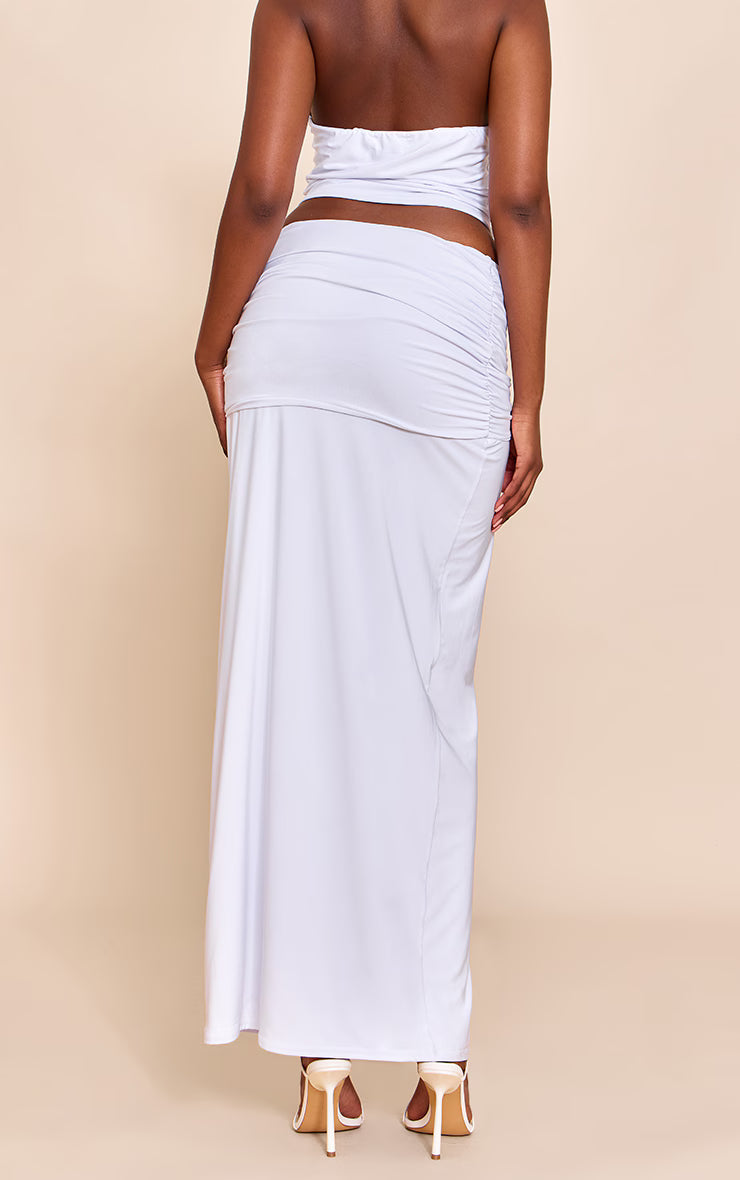 White Ruched Detail Flowy Maxi Skirt