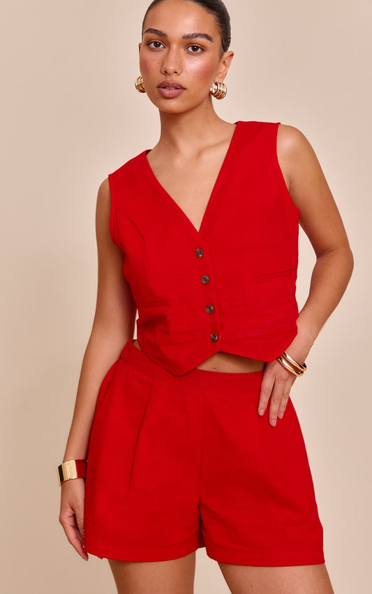 Tomato Red Linen Look Oversized Detail Floaty Short