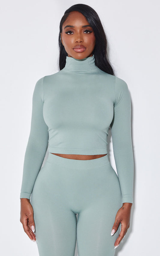 Shape Sage Green Stretch Seamless High Neck Long Sleeve Top