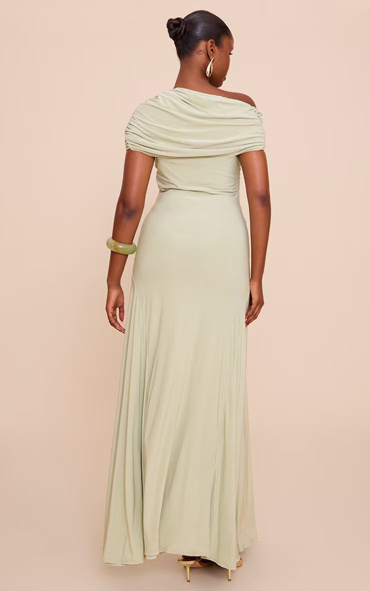 Sage Double Layer Slinky Asymmetric Ruched Maxi Dress