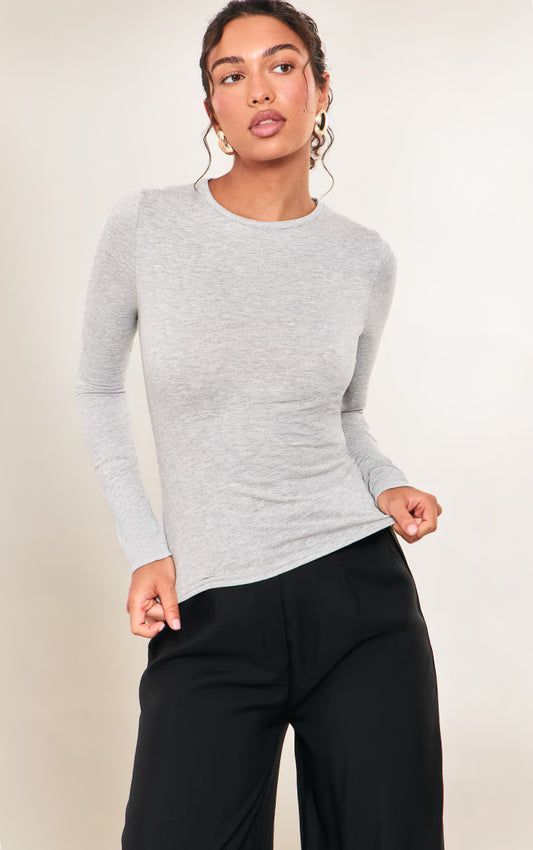 Grey Marl Cotton Crew Neck Long Sleeve Top