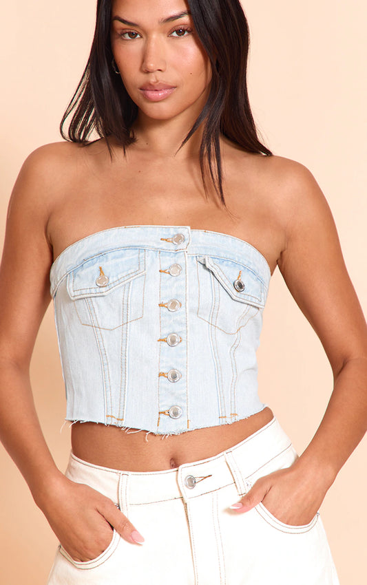 Light Blue Wash Pocket Detail Cropped Denim Corset Top