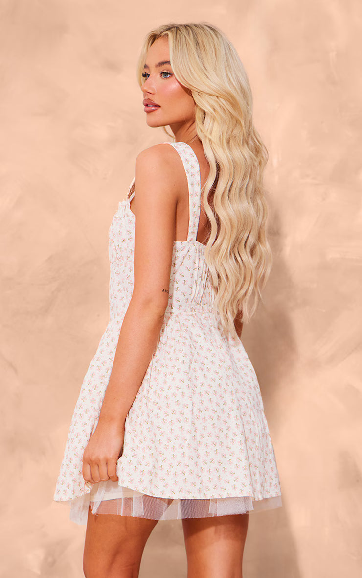 Pink Floral Tie Puff Hem Shift Dress