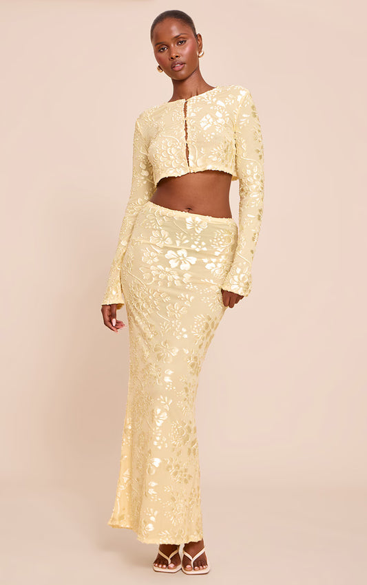 Butter Yellow Floral Sheer Maxi Skirt