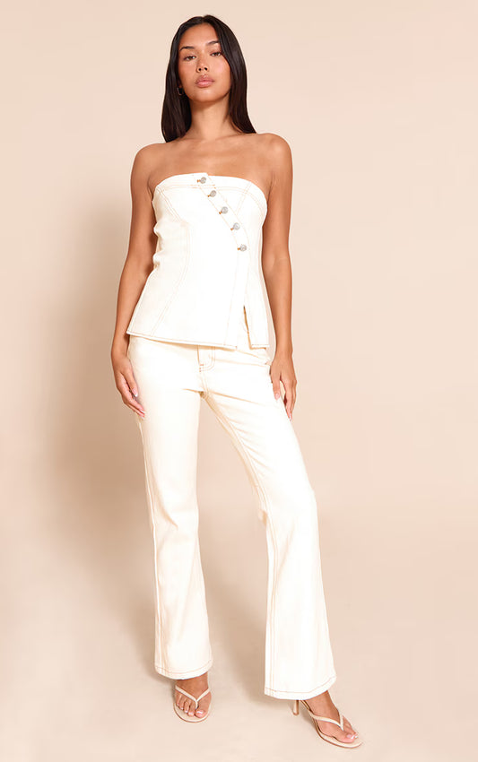 Ecru Mid Rise Wide Leg Jeans