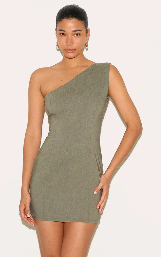 Khaki Stretch Woven One Shoulder Bodycon Mini Dress