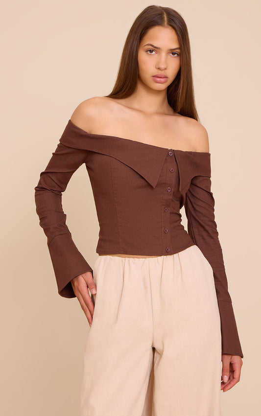 Chocolate Linen Bardot Button Up Shirt
