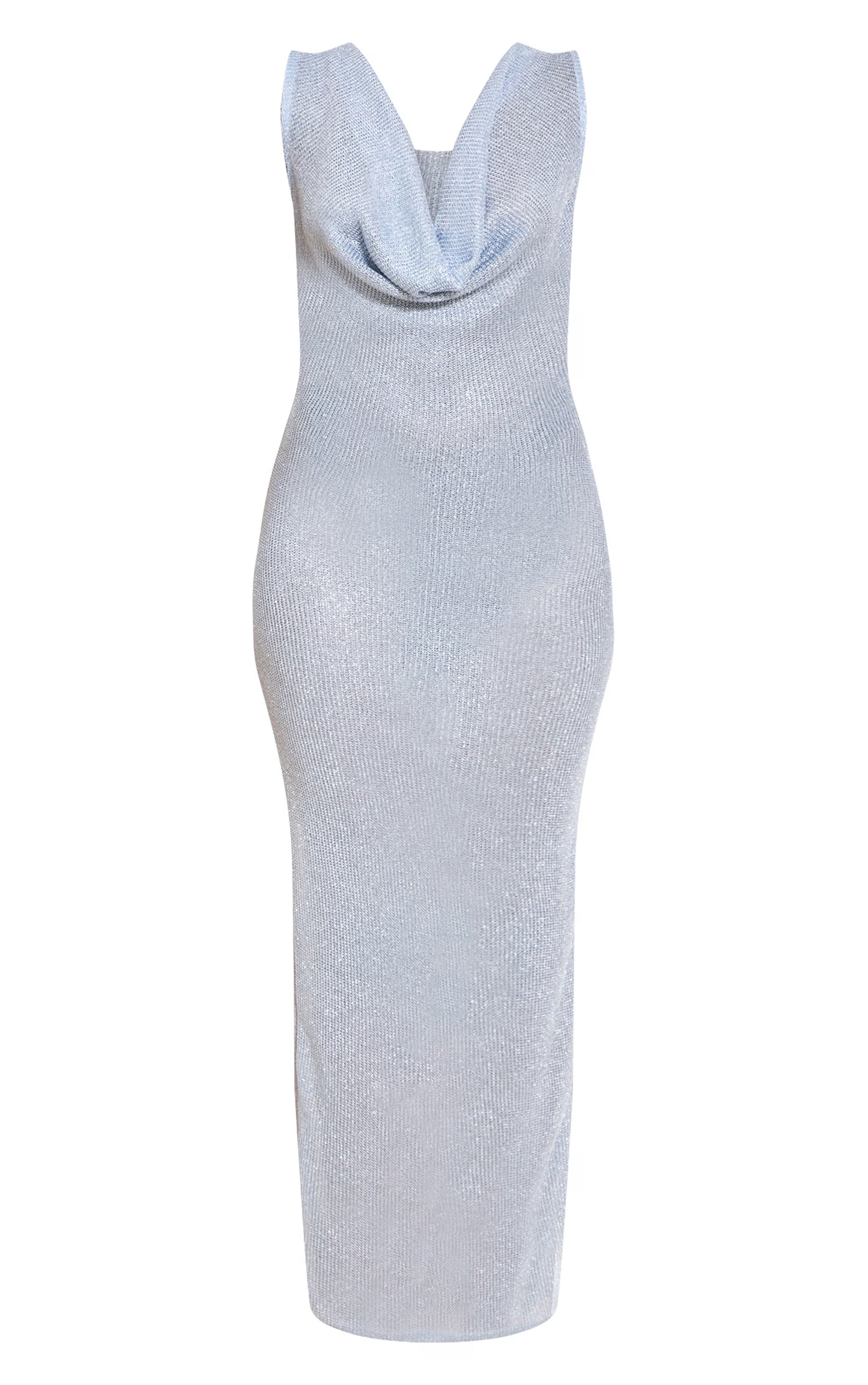 Blue Lurex Sequin Knit Cowl Neck Maxi Dress