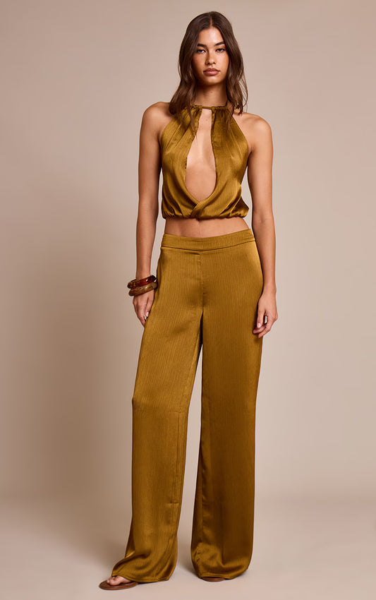 Dark Chartreuse Crinkle Satin High Waisted Wide Leg Pants