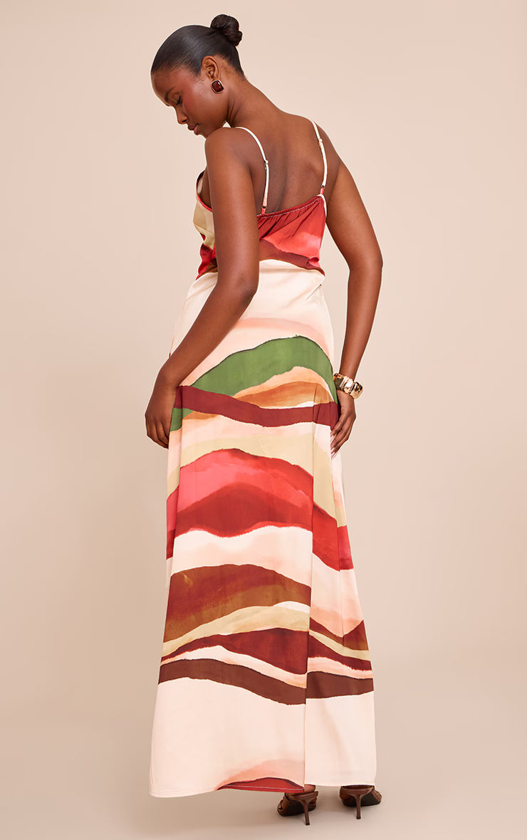 Cream Abstract Satin Scoop Neck Spaghetti Strap Maxi Dress