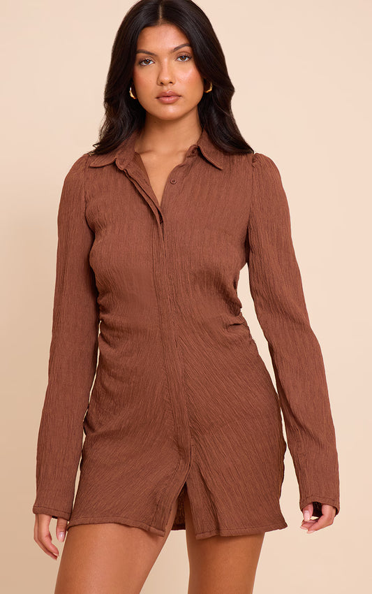 Chocolate Textured Flared Sleeve Shirt Dress