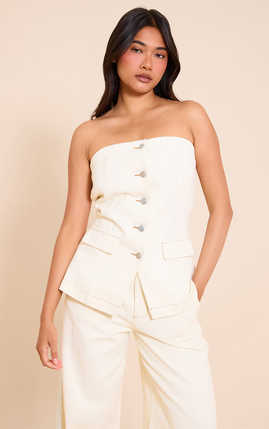Ecru Strapless Button Down Denim Top