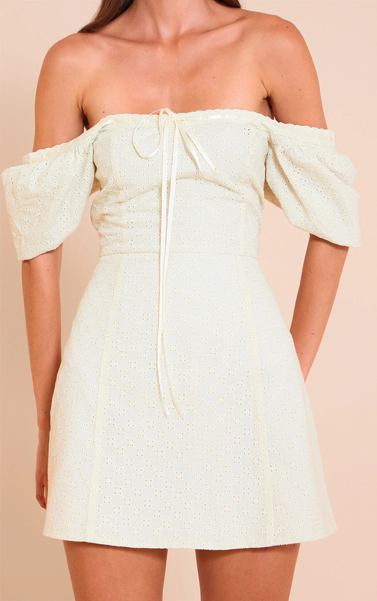 Cream Broderie Puff Sleeve A-line Mini Dress