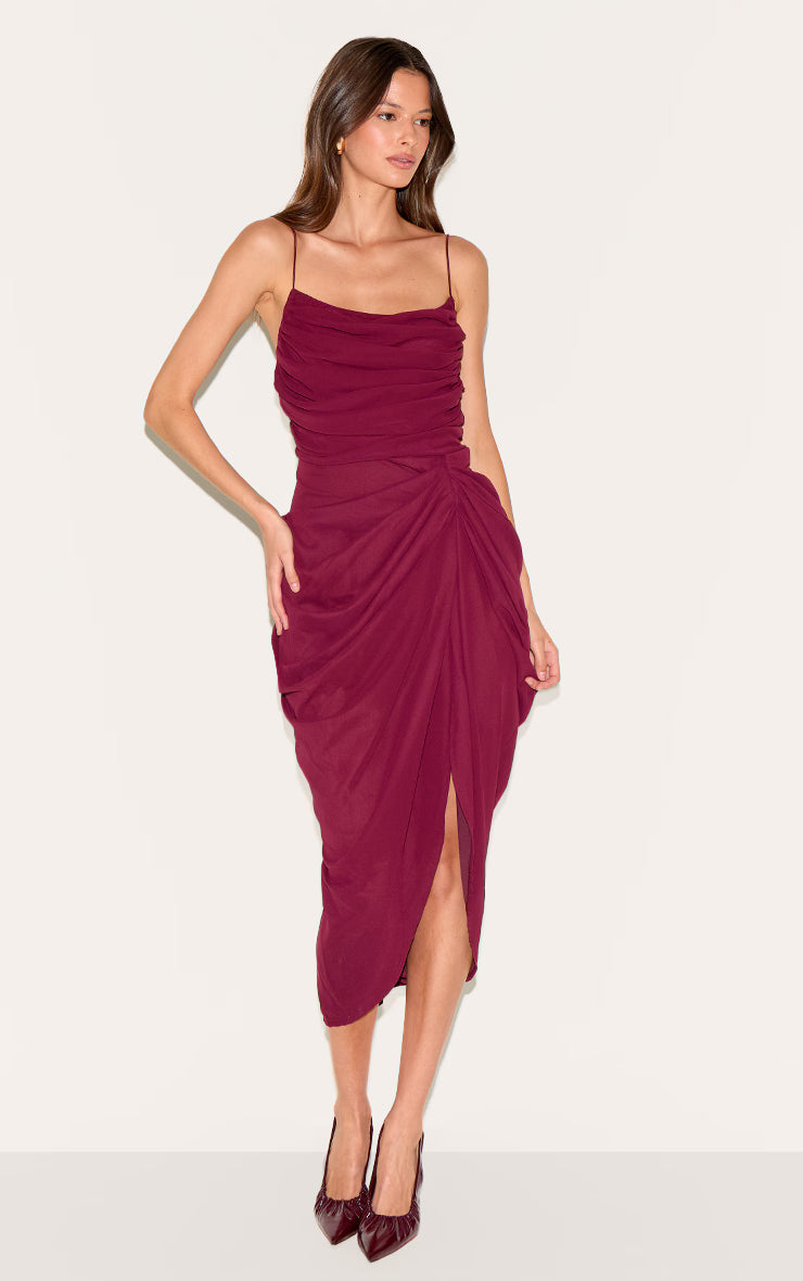 Wine Chiffon Ruched Drape Midi Dress
