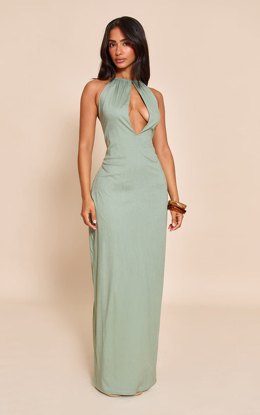 Petite Khaki Cut Out Halterneck Maxi Dress