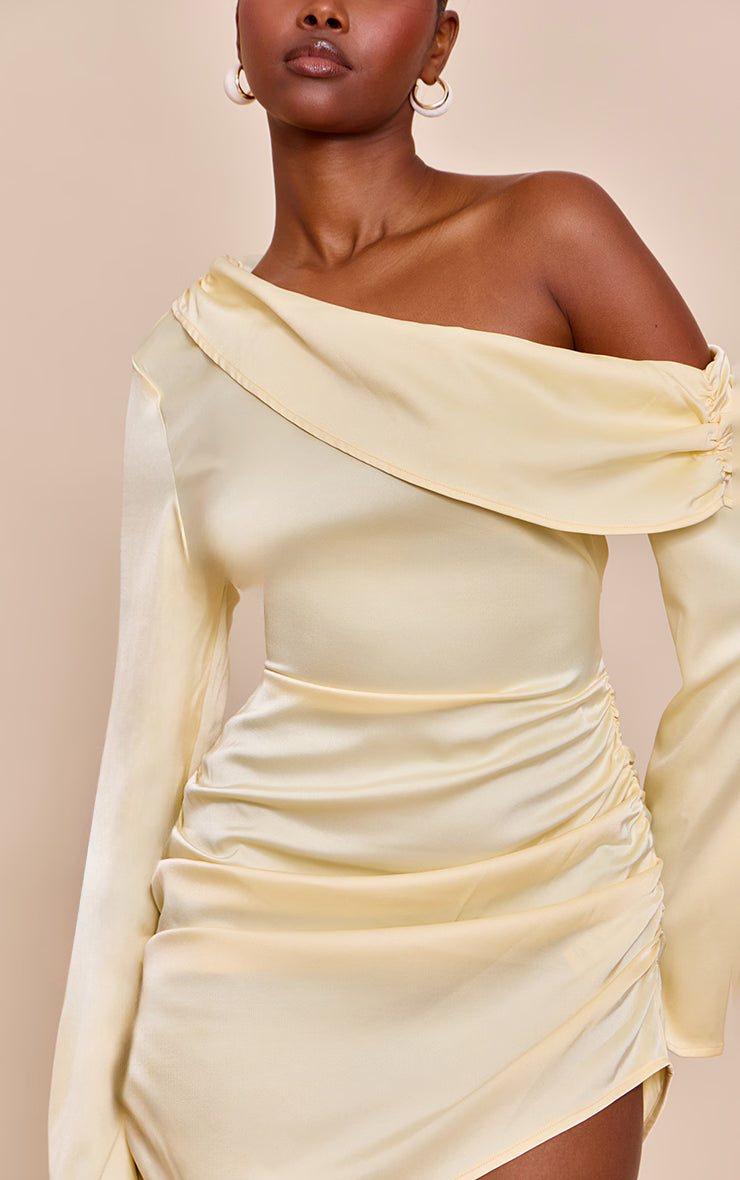 Butter Cream Satin One Shoulder Drape Bodycon Dress