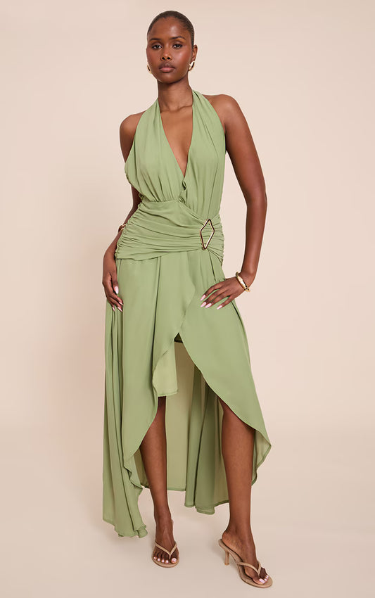 Sage Chiffon Plunge Trim Detail Maxi Dress