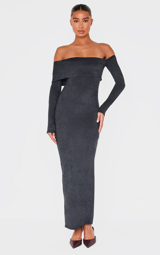 Black Faux Suede Bardot Long Sleeve Maxi Dress