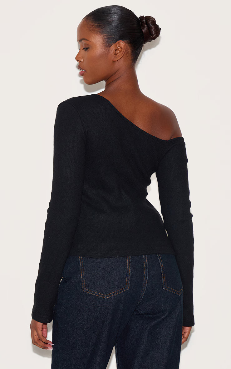 Black Rib Button Detail Asymmetric Long Sleeve Top