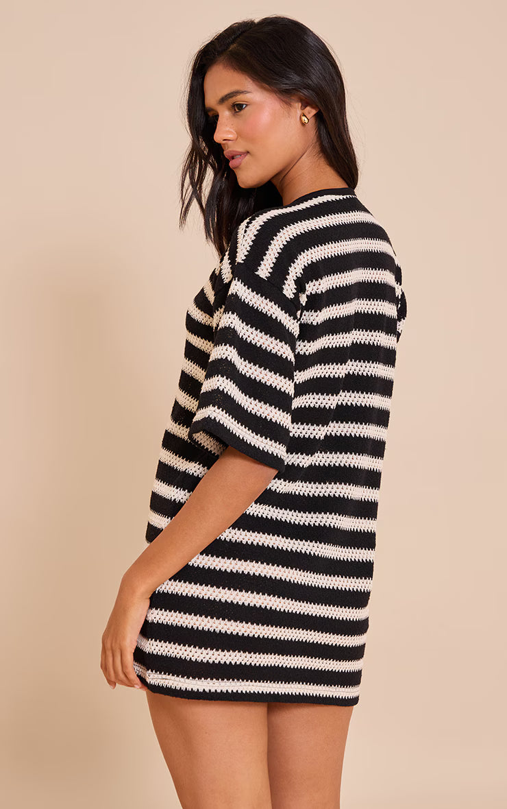 Black Monochrome Striped Texture Boxy Shift Dress