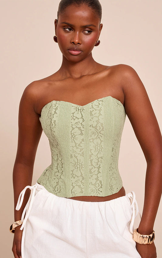 Sage Green Lace Boned Bandeau Corset Top