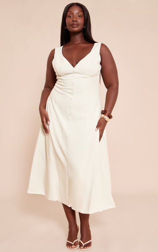 Plus Sage Green Tailored Woven Plunge Button Down Midi Dress