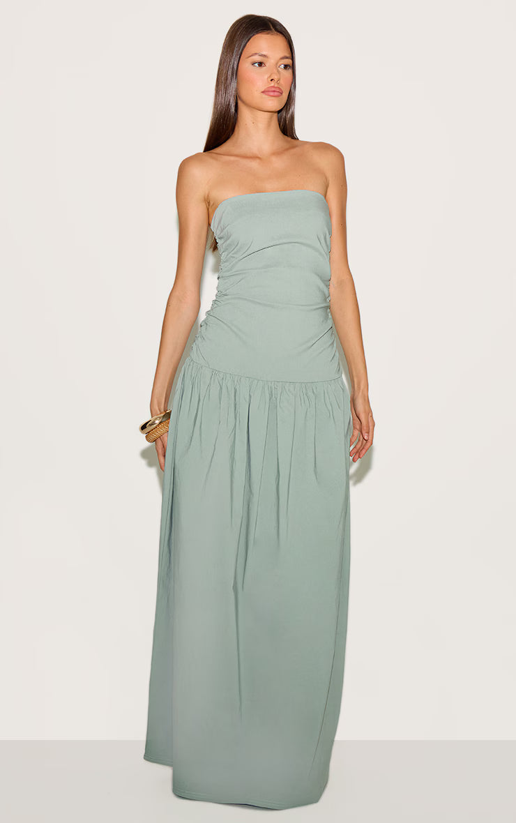 Sage Stretch Woven Bandeau Ruched Maxi Dress