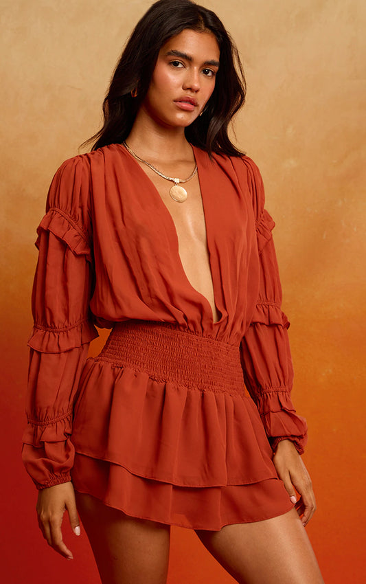 Rust Chiffon Ruched Ruffle Mini Dress