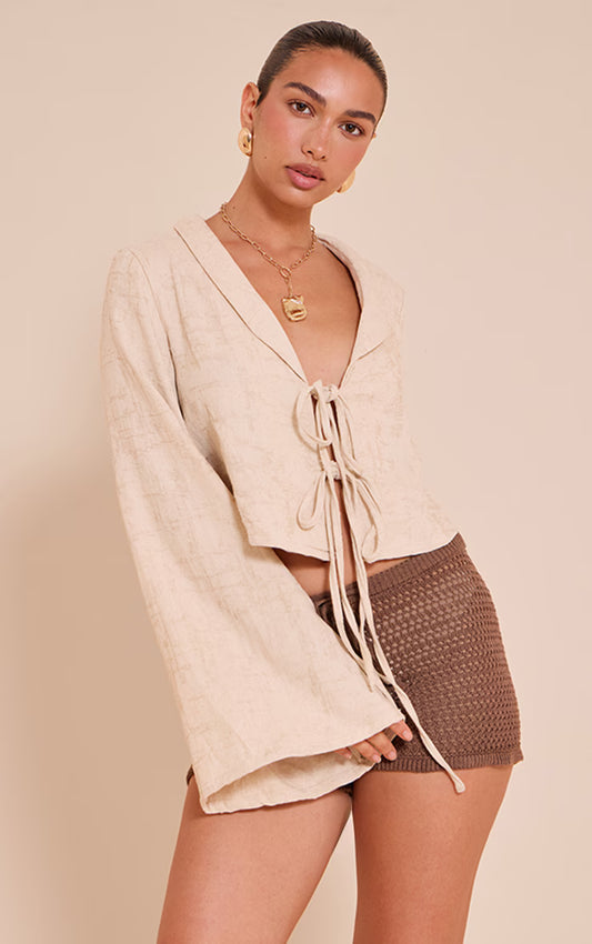 Sand Textured Lightweight Woven Tie Front Shirt