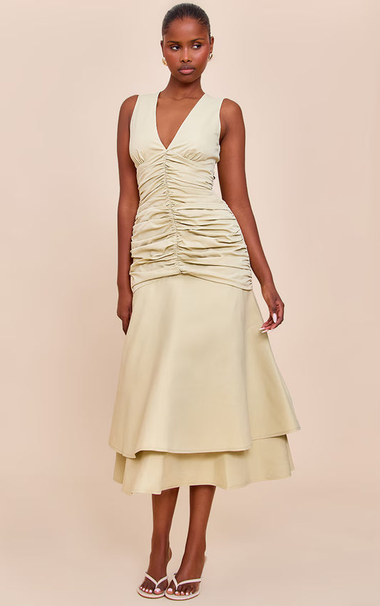 Sage Woven Ruched Dropped Waist Midaxi Dress